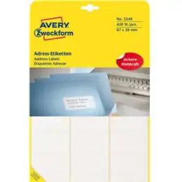 Adressetiketten Avery Zweckform 3348 67 x 38 mm, weiß, selbstklebend, Schreibmaschine, Pack 420 Stk/20 Blatt
