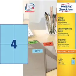Etiketten Avery Zweckform 3457 105 x 148 mm selbstklebend, blau, Inkjet Laser Kopierer, Pack 400 Stk/100 Blatt