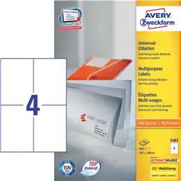 Etiketten Avery Zweckform 3483 105 x 148 mm weiß, selbstklebend, Inkjet Laser Kopierer, Pack 400 Stk/100 Blatt