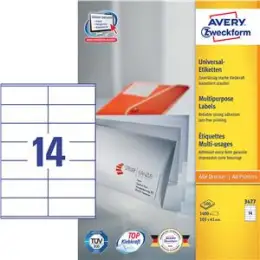Etiketten Avery Zweckform 3477 105 x 41 mm weiß, selbstklebend, Inkjet Laser Kopierer, Pack 1400 Stk/100 Blatt