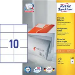 Etiketten Avery Zweckform 3425 105 x 57 mm weiß, selbstklebend, Inkjet Laser Kopierer, Pack 1000 Stk/100 Blatt
