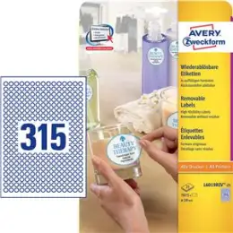 Etiketten Avery Zweckform L6019REV-25 Ø 10mm-rund, weiß, selbstklebend, wiederablösbar, Inkjet Laser Kopierer, Pack 7875 Stk/25 Blatt