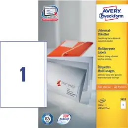 Etiketten Avery Zweckform 3418 200 x 297 mm weiß, selbstklebend, Inkjet Laser Kopierer, Pack 100 Stk/100 Blatt