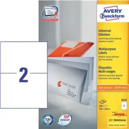 Etiketten Avery Zweckform 3655 210 x 148 mm weiß, selbstklebend, Inkjet Laser Kopierer, Pack 200 Stk/100 Blatt