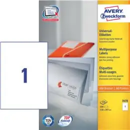 Etiketten Avery Zweckform 3478 210 x 297 mm weiß, selbstklebend, Inkjet Laser Kopierer, Pack 100 Stk/100 Blatt