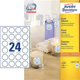 Etiketten Avery Zweckform L3415-100 Ø 40 mm rund, selbstklebend, weiß, Inkjet Laser Kopierer, Pack 2400 Stk/100 Blatt