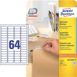 Sichtreiter-Etiketten Avery Zweckform L6021REV-25 45,7 x16,9 mm, weiß, selbstklebend, wiederablösbar, Inkjet Laser Kopierer, Pack 1600 Stk/25 Blatt