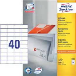 Etiketten Avery Zweckform 3651 52,5 x 29,7 mm weiß, selbstklebend, Inkjet Laser Kopierer, Pack 4000 Stk/100 Blatt