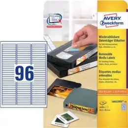 Datenträger-Etiketten Avery Zweckform L6022REV-25 63,5 x 8,5 mm, selbstklebend, wiederablösbar, weiß, Inkjet Laser Kopierer, Pack 2400 Stk/25 Blatt