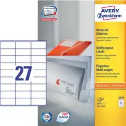Etiketten Avery Zweckform 3479 70 x 32 mm weiß, selbstklebend, Inkjet Laser Kopierer, Pack 2700 Stk/100 Blatt