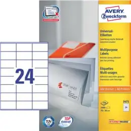 Etiketten Avery Zweckform 3475 70 x 36 mm weiß, selbstklebend, Inkjet Laser Kopierer, Pack 2400 Stk/100 Blatt