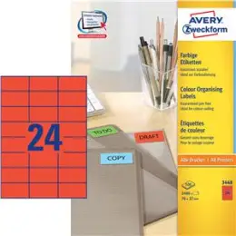 Etiketten Avery Zweckform 3448 70 x 37 mm selbstklebend, rot, Inkjet Laser Kopierer, Pack 2400 Stk/100 Blatt