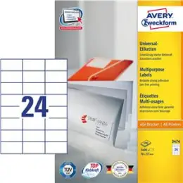 Etiketten Avery Zweckform 3474 70 x 37 mm weiß, selbstklebend, Inkjet Laser Kopierer, Pack 2400 Stk/100 Blatt