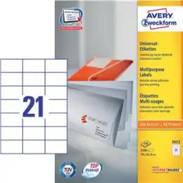 Etiketten Avery Zweckform 3652 70 x 42,3 mm weiß, selbstklebend, Inkjet Laser Kopierer, Pack 2100 Stk/100 Blatt