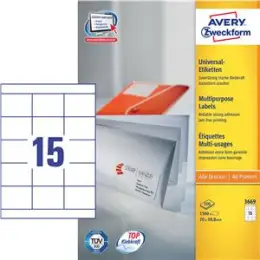 Etiketten Avery Zweckform 3669 70 x 50,8 mm weiß, selbstklebend, Inkjet Laser Kopierer, Pack 1500 Stk/100 Blatt