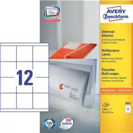 Etiketten Avery Zweckform 3661 70 x 67,7 mm weiß, selbstklebend, Inkjet Laser Kopierer, Pack 1200 Stk/100 Blatt