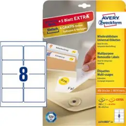 Etiketten Avery Zweckform L4745REV-25 96x 63,5 mm weiß, selbstklebend, wiederablösbar, Inkjet Laser Kopierer, Pack 240 Stk/30 Blatt