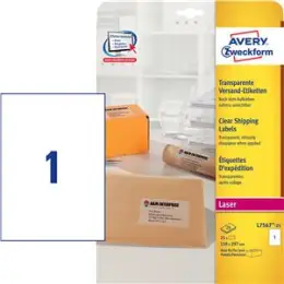 Versand-Etiketten Avery Zweckform L7567-25 210 x 297 mm A4, Folie, selbstklebend, transparent, Laser, Pack 25 Stk/25 Blatt