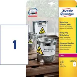Etiketten Avery Zweckform L4775-20 210 x 297 mm Folie, wetterfest, reißfest, selbstklebend, weiß, Laser, Pack 20 Stk/20 Blatt
