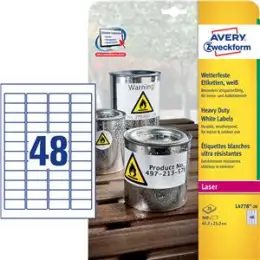 Etiketten Avery Zweckform L4778-20 45,7 x 21,2 mm Folie, wetterfest, reißfest, selbstklebend, weiß, Laser, Pack 960 Stk/20 Blatt