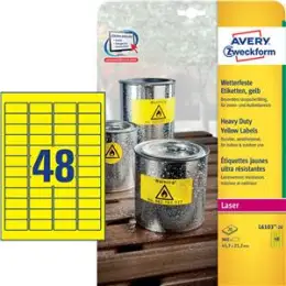 Etiketten Avery Zweckform L6103-20 45,7 x 21,2 mm Folie, wetterfest, selbstklebend, gelb, Laser, Pack 960 Stk/20 Blatt