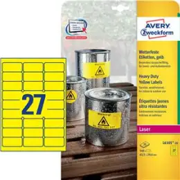 Etiketten Avery Zweckform L6105-20 63,5 x 29,6 mm, Folie, wetterfest, selbstklebend, gelb, Laser, Pack 540 Stk/20 Blatt