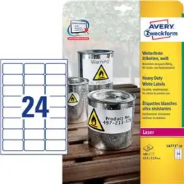 Etiketten Avery Zweckform L4773-20 63,5 x 33,9 mm Folie, wetterfest, reißfest, selbstklebend, weiß, Laser, Pack 480 Stk/20 Blatt