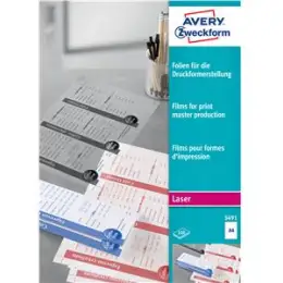 Folie Avery Zweckform 3491 A4, beschichtet, stapelverarbeitbar, transparent, matt, Laser, für Druckformerstellung, Pack 100 Blatt