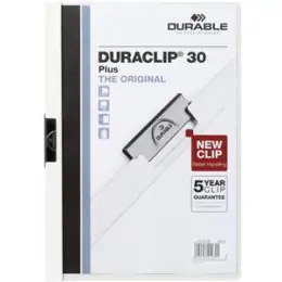 Klemmmappe Durable 2213-02 221302 Duraclip 30 Plus A4, Hartfolie, weiß, Vorderteil als Sichttasche, für 30 A4-Blätter