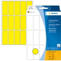 Haftetiketten Herma 2411 20 x 50 mm, selbstklebend, gelb, Handbeschriftung, Pack 480 Stk/32 Blatt