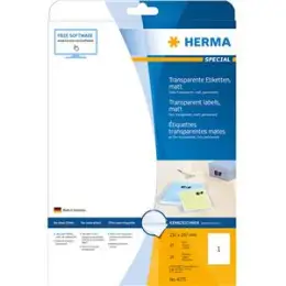 Etiketten Herma 4375 Special 210 x 297 mm Folie, transparent, matt, selbstklebend, Laser, Pack 25 Stk/25 Blatt