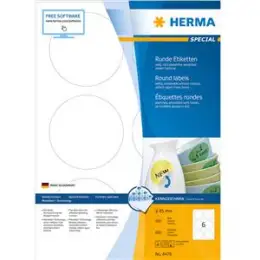 Etiketten Herma 4478 Special Ø 85 mm rund, selbstklebend, wiederablösbar, weiß, Inkjet Laser Kopierer, Pack 600 Stk/100 Blatt