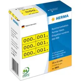 Nummern-Etiketten Herma 4801 10 x 22 mm, 0-999, 3-fach, selbstklebend, schwarz auf gelb, Pack 1000 Stk