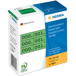 Nummern-Etiketten Herma 4805 10 x 22 mm, 0-999, 3-fach, selbstklebend, schwarz auf grün, Pack 1000 Stk