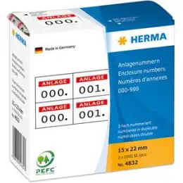 Anlagenummern Herma 4832 000-999, 15 x 22 mm, selbstklebend, 2-fach, weiß, Aufdruck: rot