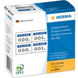Anlagenummern Herma 4833 000-999, 15 x 22 mm, selbstklebend, 2-fach, weiß, Aufdruck: dunkelblau