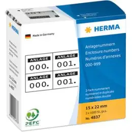 Anlagenummern Herma 4837 000-999, 15 x 22 mm, selbstklebend, 2-fach, weiß, Aufdruck: schwarz