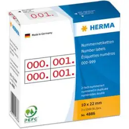 Nummern-Etiketten Herma 4886 10 x 22 mm, 000-999, 2-fach, weiß, selbstklebend, rot auf weiß, Pack 1000 Stk