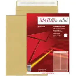 Faltentasche Mailmedia 30002481 380227 C4 (229 x 324 mm), 130g, ohne Fenster, Haftklebung, 40mm-Stehboden, braun, Pack 50 Stk