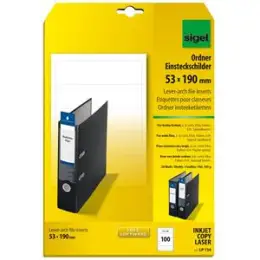 Ordner-Rückenschild Sigel LP734 kurz/breit, Spezialkarton 185g, zum Einstecken, blanko, weiß, Pack 100 Stk/20 Blatt