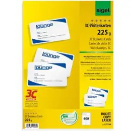 3C-Visitenkarten Sigel LP799 85 x 55 mm, Karton 225g, glatte Kanten, ohne Perforation, weiß, Inkjet Laser Kopierer, Pack 400 Stk/40 Blatt