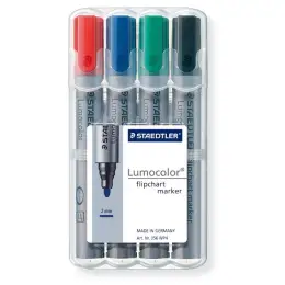 Flipchartmarker Staedtler 356WP4 356 WP4 Lumocolor 2mm, Rundspitze, 4er-Box, schwarz, rot, blau, grün