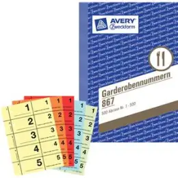 Garderobennummern Avery Zweckform 867 A6, 500 Abrisse, Nr. 1 - 500, 5 Farben: rot/orange/blau/grün/gelb