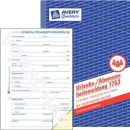 Urlaubs- / Abwesenheitsmeldung Avery Zweckform 1753 A5, 2 x 40 Blatt selbstdurchschreibend