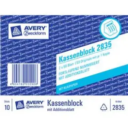 Kassenblock Avery Zweckform 2835 2 x 50 Blatt, A6, mit Additionsblatt, Pack 10 Stk