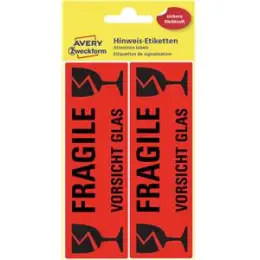 Etiketten Vorsicht-Glas Avery Zweckform 3050 119 x 38 mm, leuchtrot, selbstklebend, Pack 10 x 10 Stk/10 Blatt