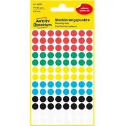 Markierungspunkte Avery Zweckform 3090 Ø 8mm rund, selbstklebend, 6 Farben: rot/grün/gelb/blau/schwarz/weiß, Pack 10 x 416 Stk/4 Blatt