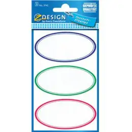 Haushaltsetiketten Avery Zweckform 3742 Z-Design oval, Rahmen blau/grün/rot, selbstklebend, wiederablösbar, konturgestanzt, Pack 10 x 12 Stk/3 Blatt