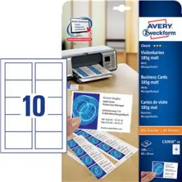 Visitenkarten Avery Zweckform C32010-10 Classic 85 x 54 mm, A4, 185g, mikroperforiert, beidseitig, weiß, matt, Inkjet Laser Kopierer, Pack 100 Stk/10 Blatt