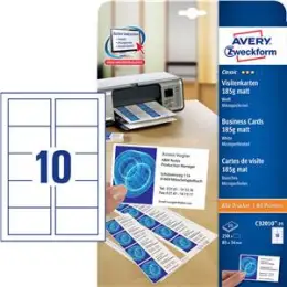 Visitenkarten Avery Zweckform C32010-25 Classic 85 x 54 mm, A4, 185g, mikroperforiert, beidseitig, weiß, matt, Inkjet Laser Kopierer, Pack 250 Stk/25 Blatt